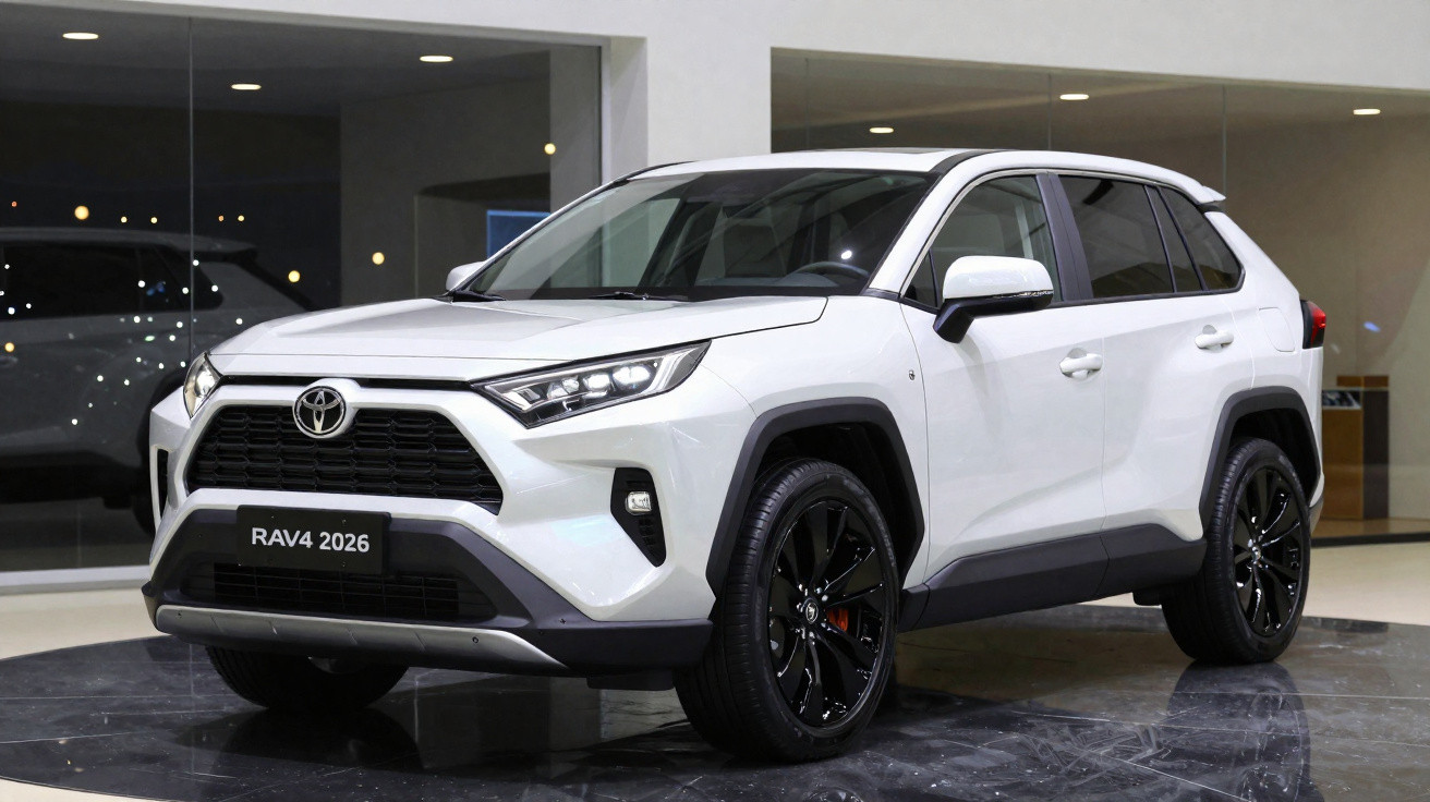 Carro SUV branco Toyota RAV4 2026 exibido em showroom com rodas pretas e faróis modernos.