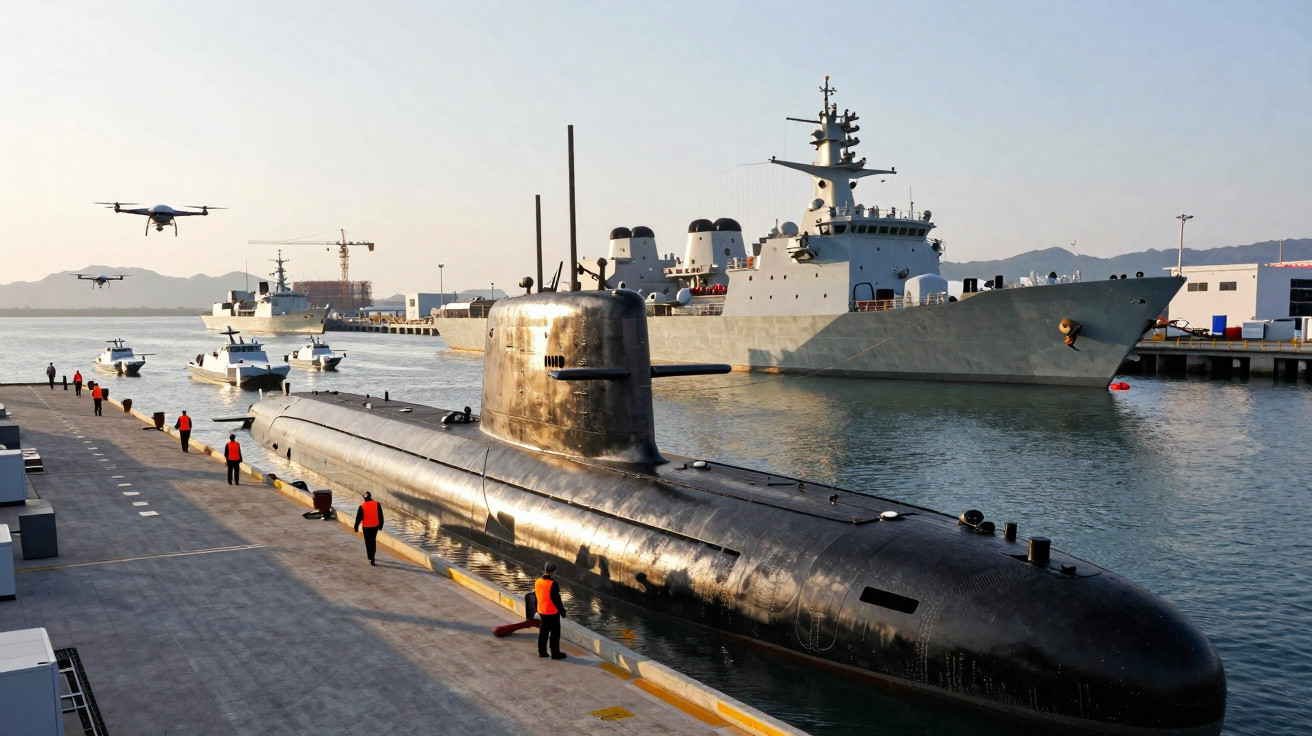 Submarino militar atracado com equipe usando coletes laranja e navios de guerra ao fundo em um porto.