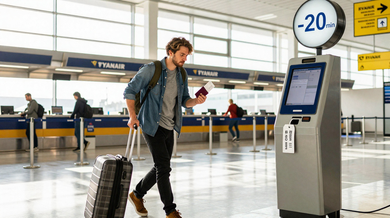 Homem com mala e passaporte caminha no aeroporto próximo a quiosque de check-in automático da Ryanair.