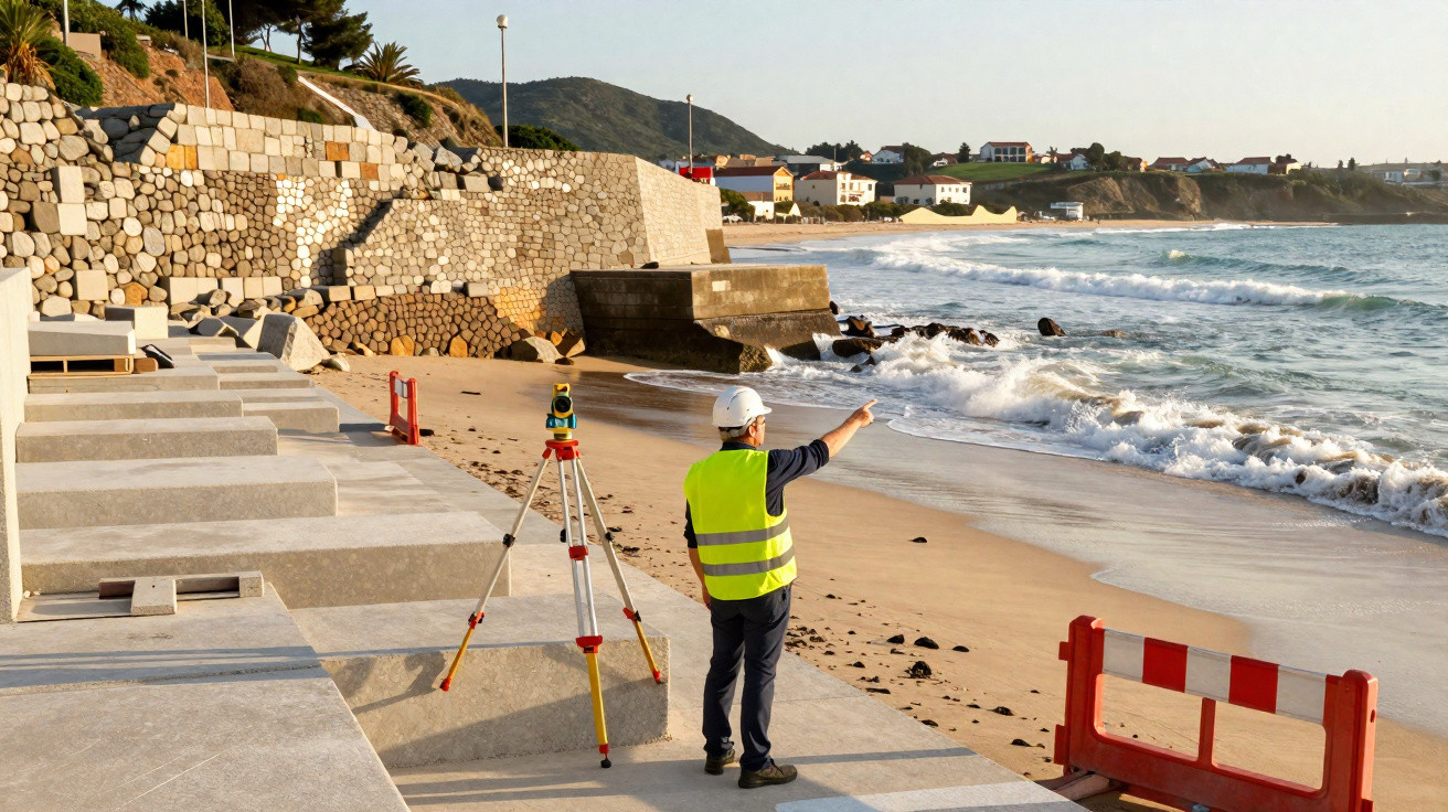 Engenheiro com colete e capacete aponta para o mar em obra de contenção na praia ao entardecer.