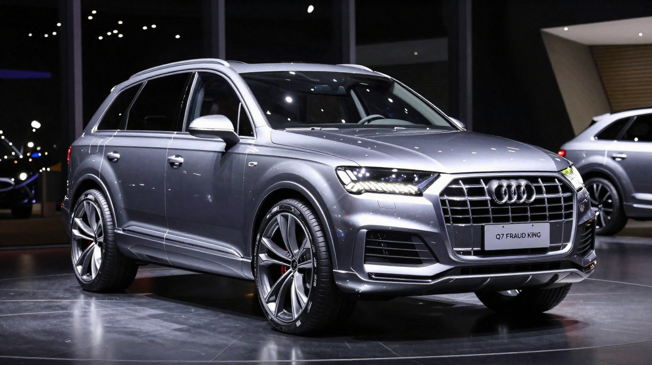 SUV Audi Q7 prata estacionado em ambiente interno com iluminação artificial.