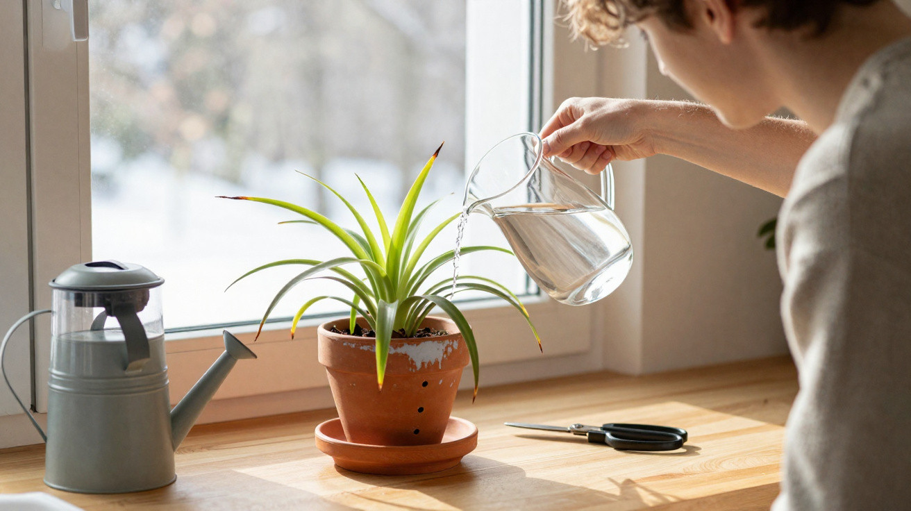 Pessoa regando planta suculenta em vaso de barro na janela com regador e tesoura ao lado.