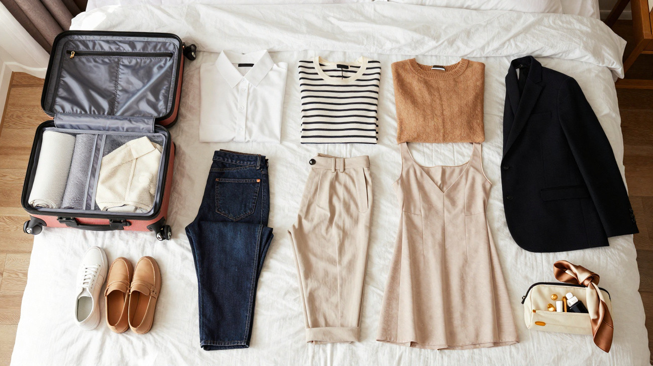 Mala aberta sobre cama com roupas femininas organizadas: calça jeans, vestidos, jaqueta preta e sapatos.