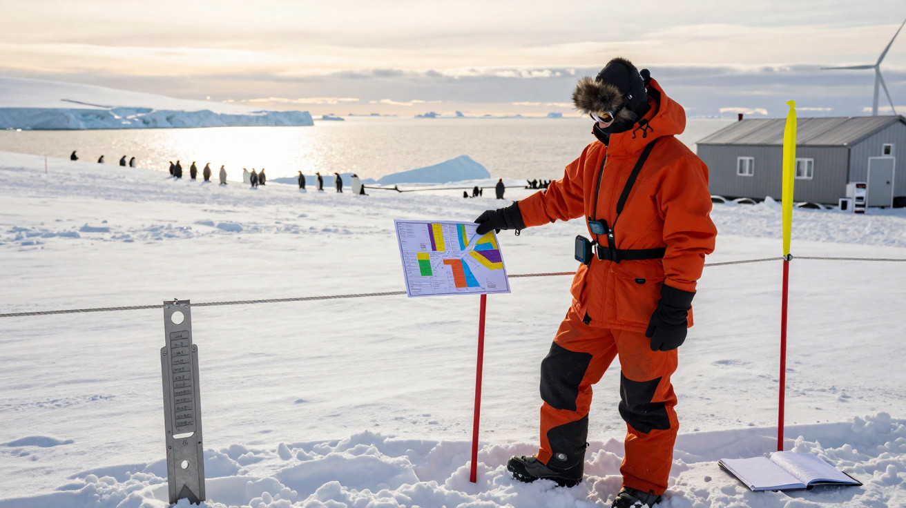 Pessoa vestindo roupa laranja de frio extremo em campo de gelo, segurando mapa colorido com pinguins ao fundo.
