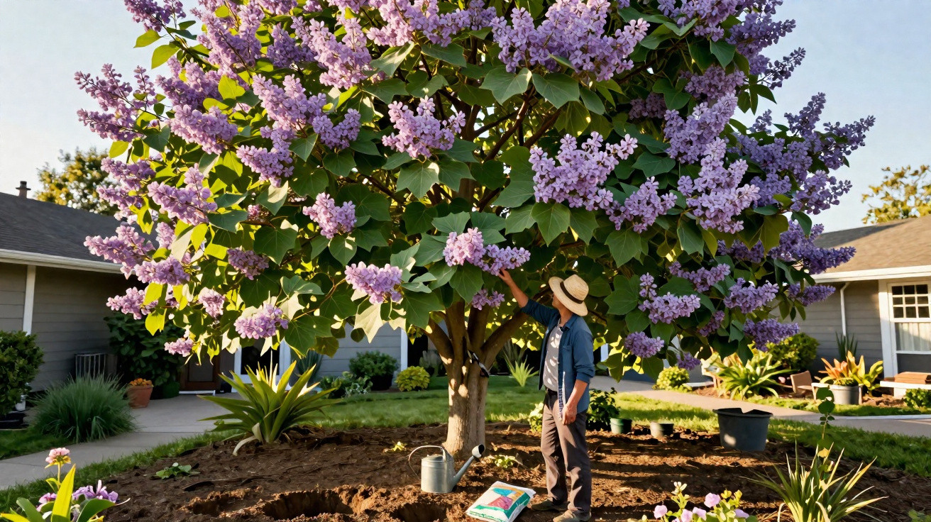 Pessoa regando e cuidando de árvore grande com flores roxas em jardim residencial ensolarado.