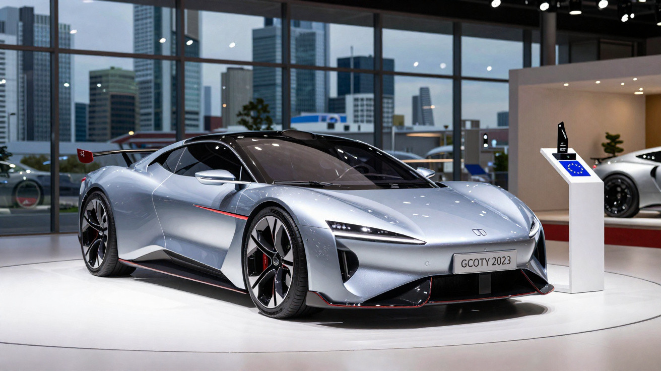 Carro esportivo elétrico prata com design futurista exposto em salão, com edifícios ao fundo.