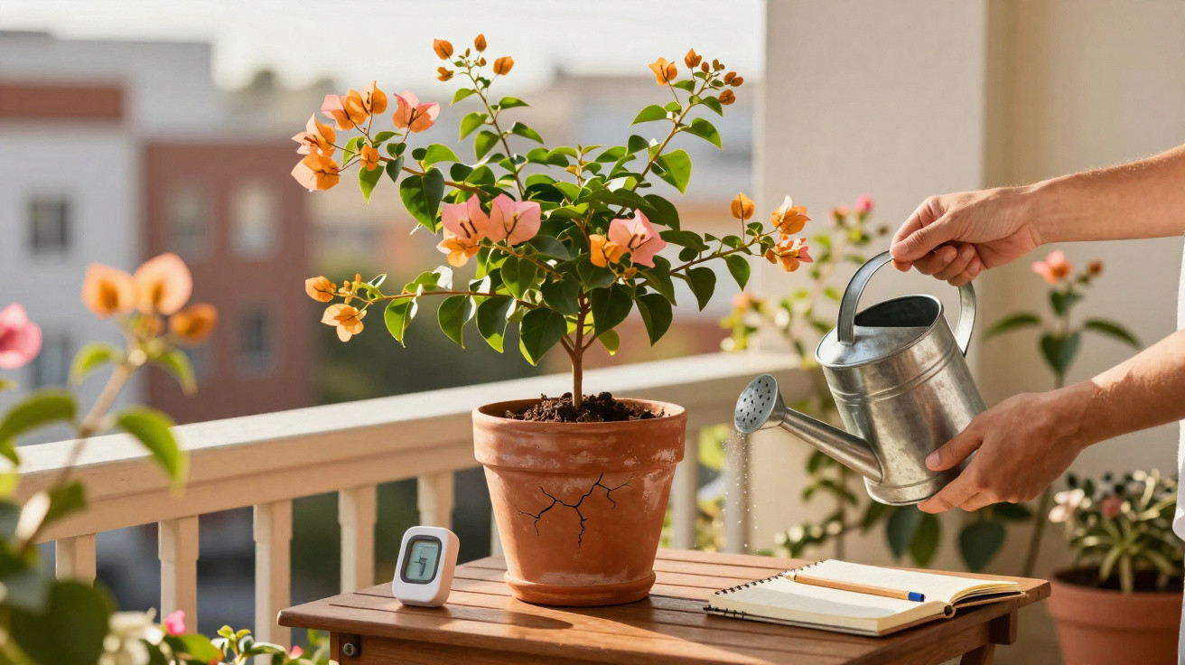 Pessoa regando planta com flores rosas e laranjas em vaso de barro numa varanda ensolarada.
