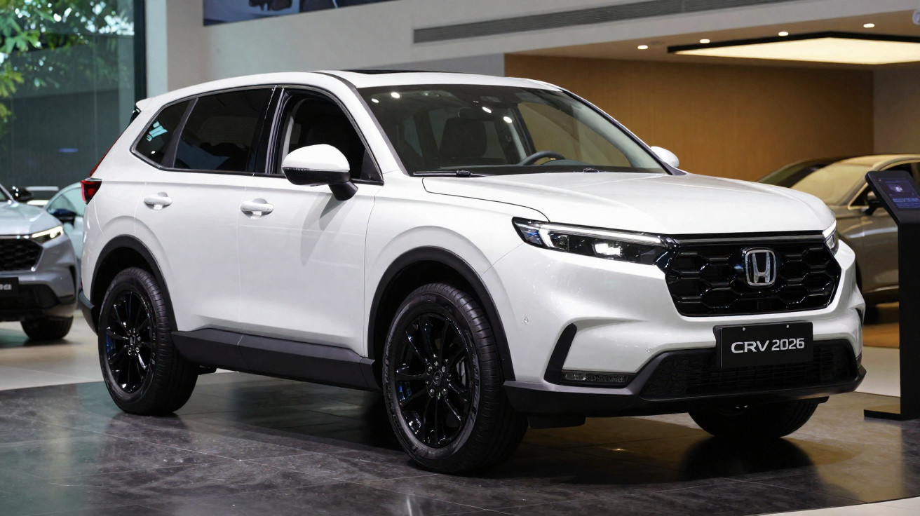 SUV branco Honda CRV 2026 exibido em showroom com rodas pretas e design moderno.