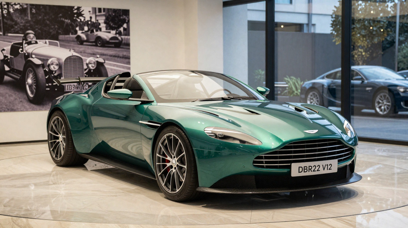 Carro esportivo verde Aston Martin DBR22 V12 estacionado em showroom moderno com paredes de vidro.