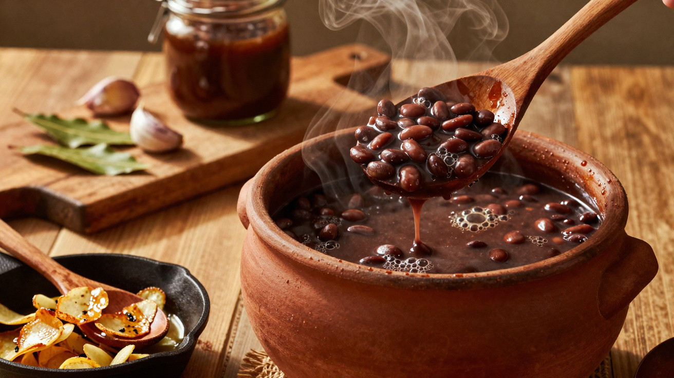 Feijão preto quente em panela de barro com colher de madeira, alho fritando e temperos ao fundo.