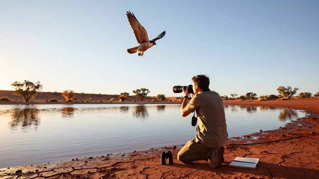 Fotógrafo ajoelhado em solo seco perto de lago fotografando falcão em voo durante o pôr do sol.