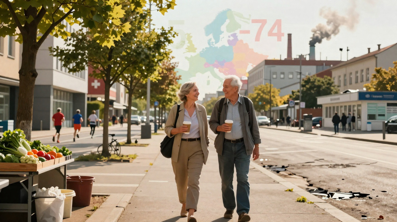 Casal idoso caminhando em calçada urbana ensolarada, segurando café e conversando alegremente.