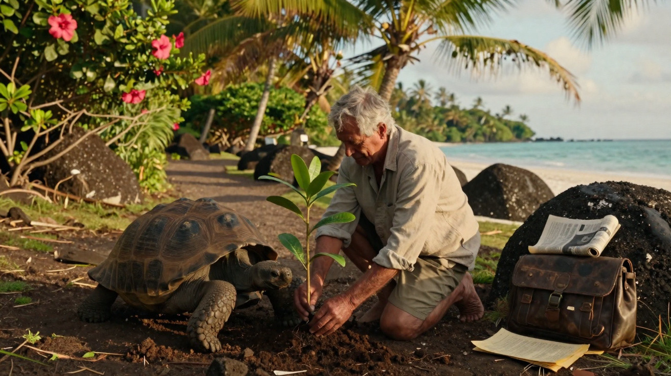 Homem planta árvore na praia ao lado de uma tartaruga gigante em um ambiente tropical.