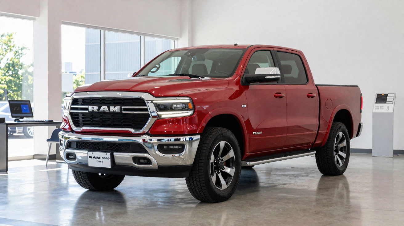 Picape vermelha RAM 1500 2024 com cabine dupla, em exposição interna iluminada.