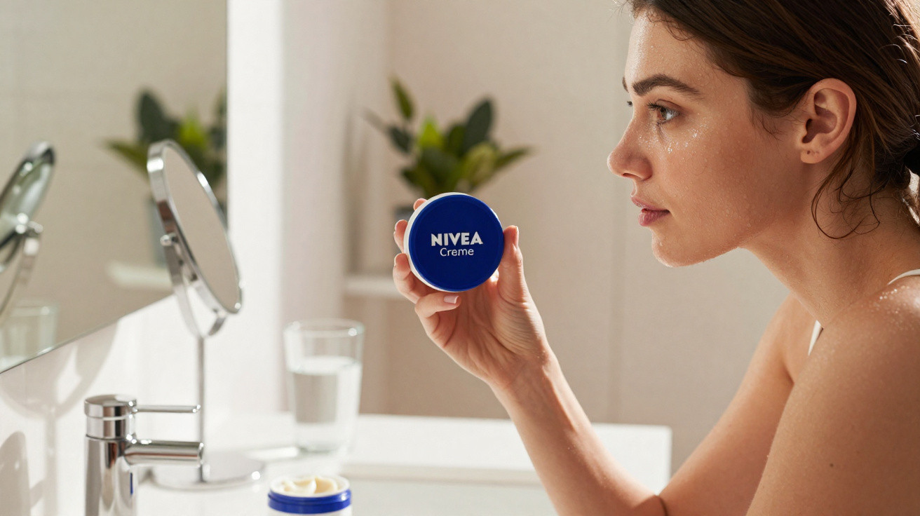 Mulher segurando pote azul de creme Nivea olhando para espelho no banheiro.