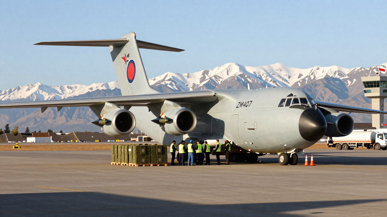 Avião militar cinza com grupo de pessoas e caixas na pista com montanhas nevadas ao fundo.