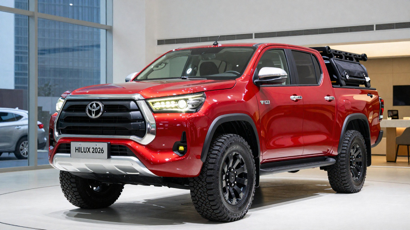 Picape Toyota Hilux 2026 vermelha exibida em showroom moderno, com rodas pretas robustas e detalhes cromados.