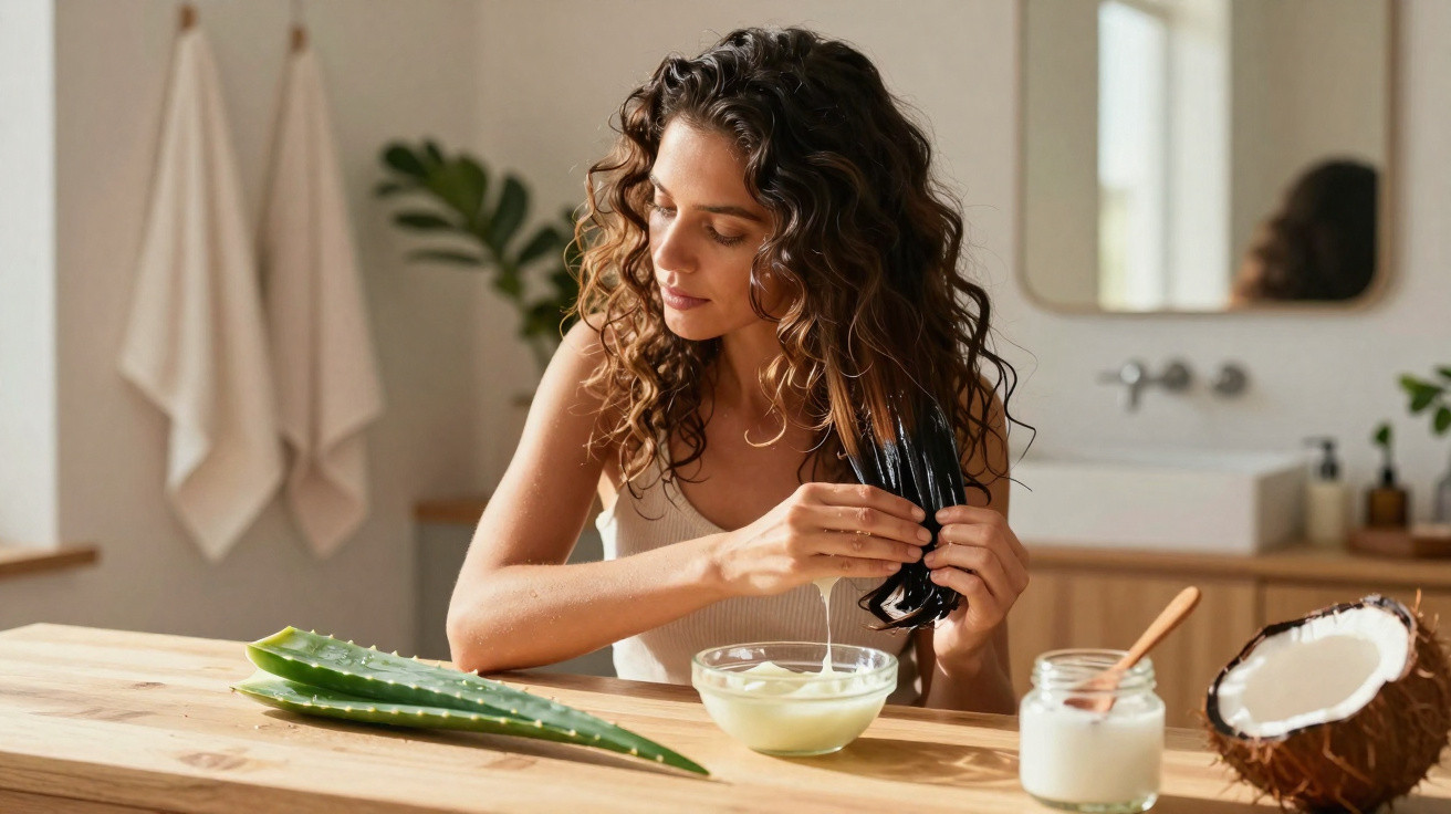 Mulher aplicando máscara capilar natural com babosa e coco em ambiente iluminado e aconchegante.