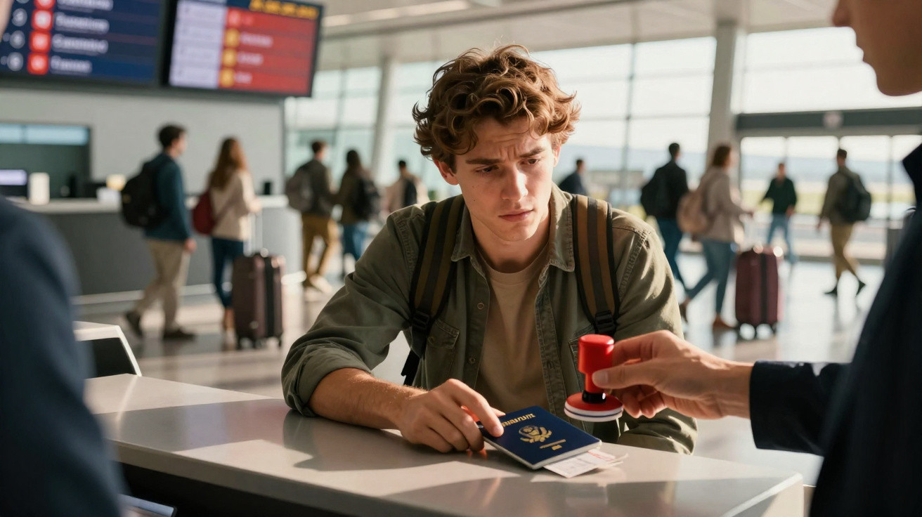 Homem jovem apresenta passaporte para carimbo em balcão de aeroporto com pessoas e malas ao fundo.