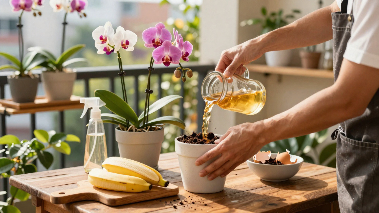 Pessoa regando planta em vaso branco com jarra, orquídeas e bananas em mesa de madeira.