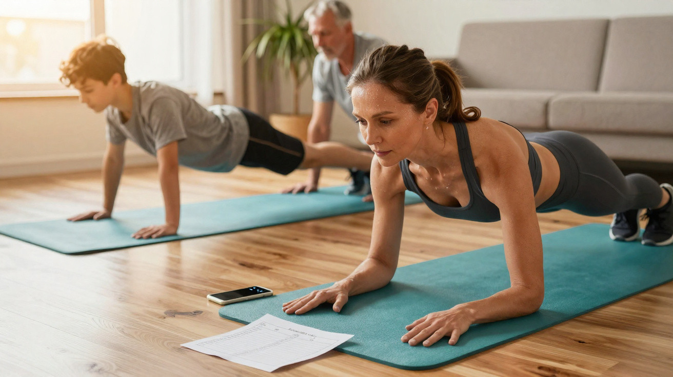 Família fazendo exercícios de prancha em tapete de yoga na sala iluminada em casa.