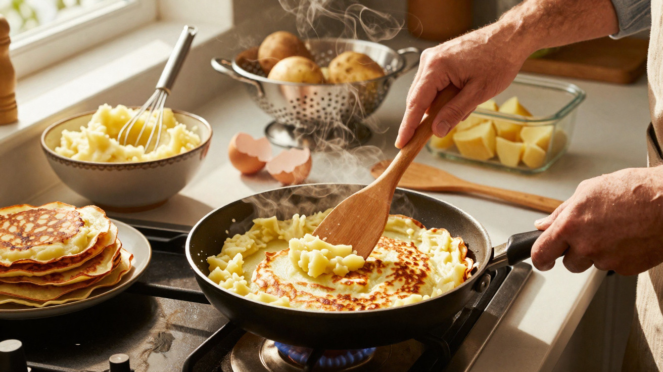Pessoa preparando panquecas de purê de batata em frigideira sobre o fogão na cozinha.
