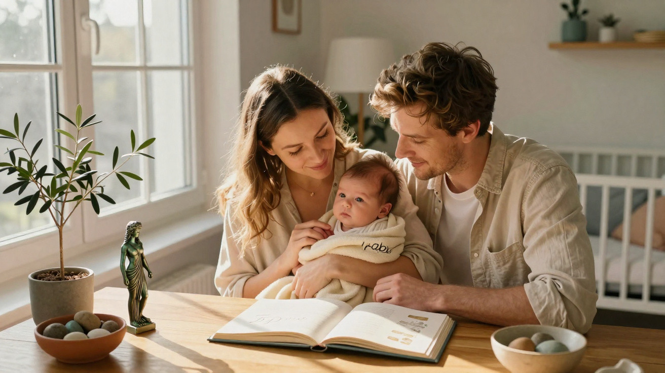 Família sentada à mesa lendo livro, mãe segurando bebê enrolado em cobertor em ambiente iluminado.