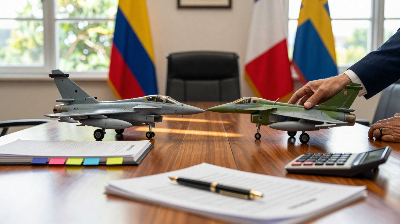 Duas miniaturas de aviões de caça sobre mesa de reunião com bandeiras ao fundo e documentos espalhados.