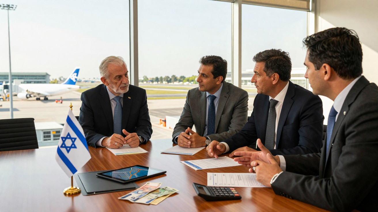 Quatro homens em terno discutem documentos em sala com vista para aeroporto e bandeira de Israel.
