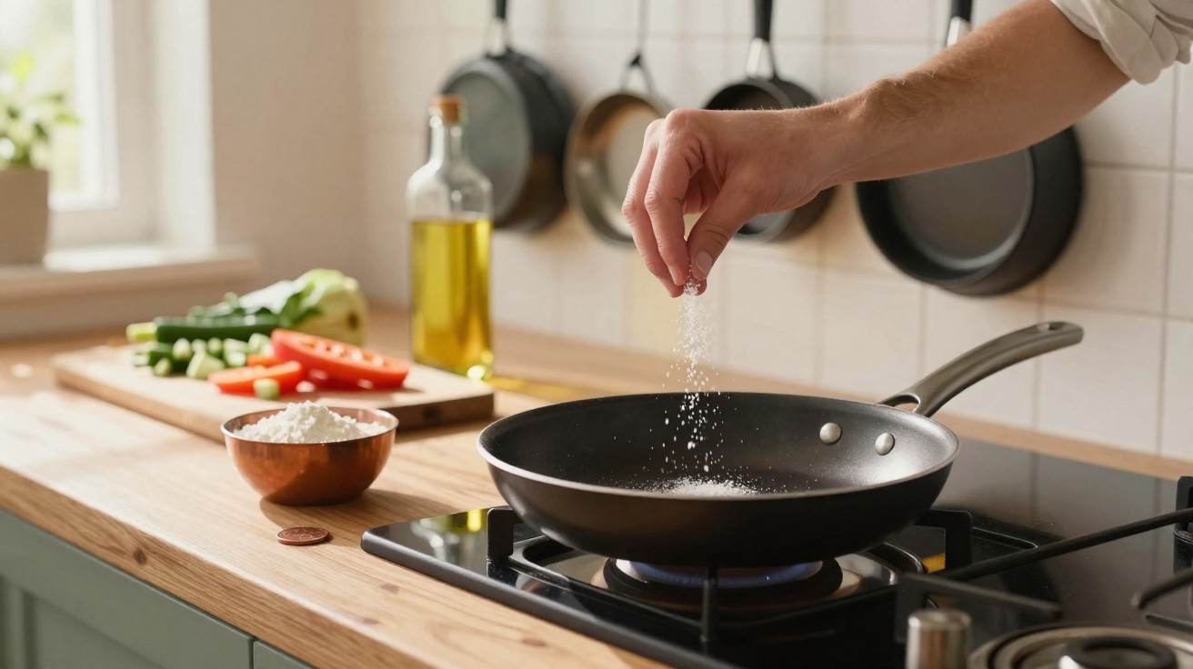 Mão salpicando sal em frigideira no fogão com legumes e azeite ao fundo em cozinha.