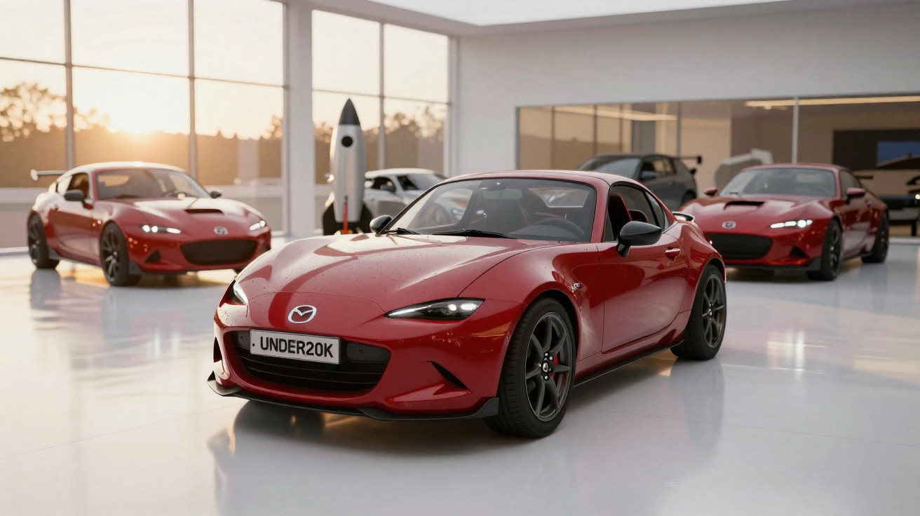 Carros esportivos vermelhos Mazda MX-5 estacionados em espaço interno com grandes janelas ao fundo.