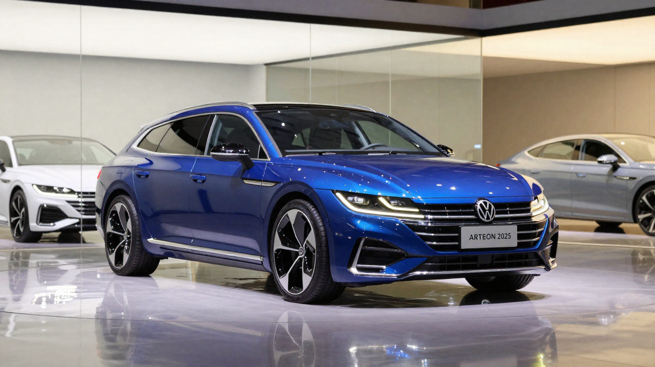 Carro Volkswagen Arteon 2025 azul exibido em showroom com reflexos no piso brilhante.