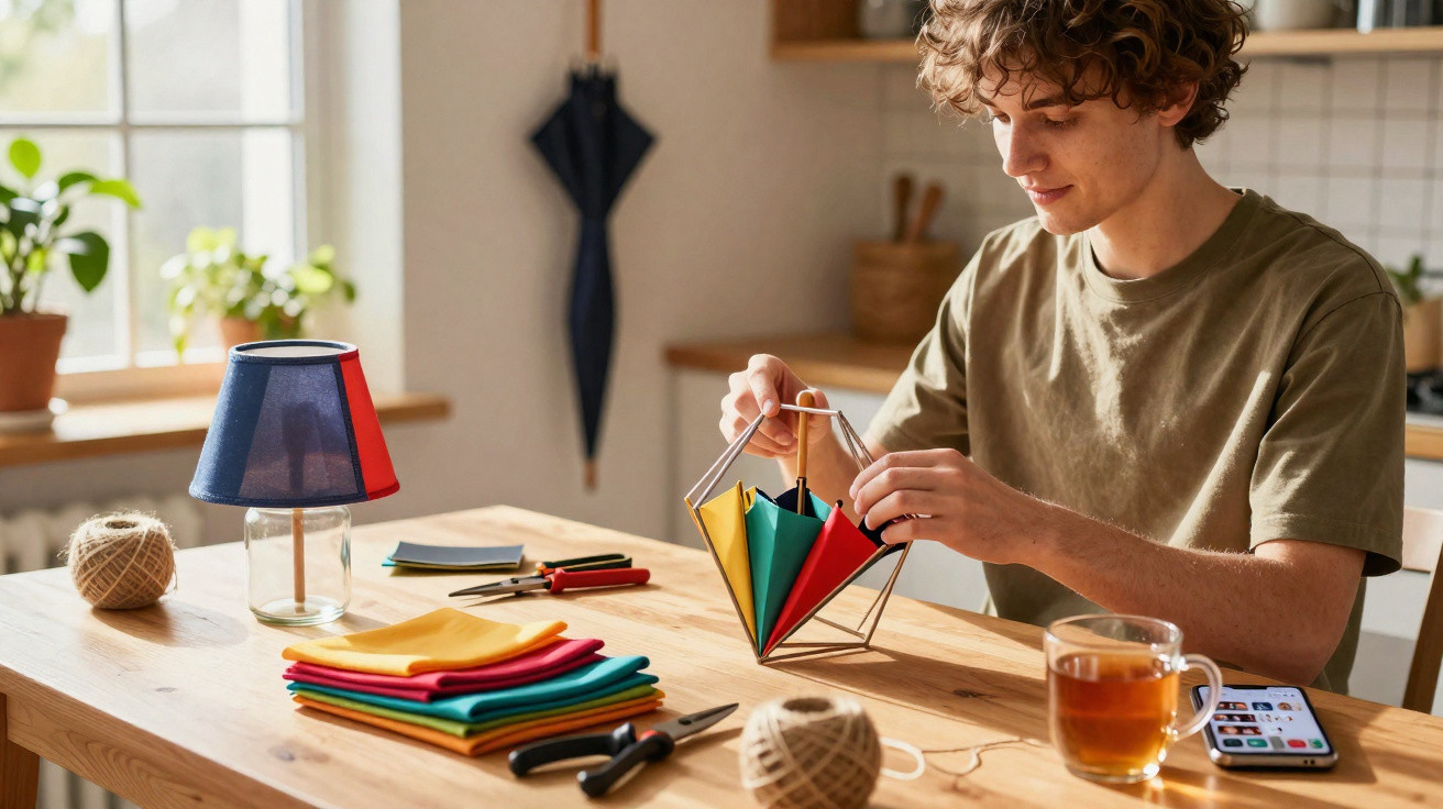 Jovem montando abajur colorido em forma de guarda-chuva em uma mesa com tecidos e ferramentas.