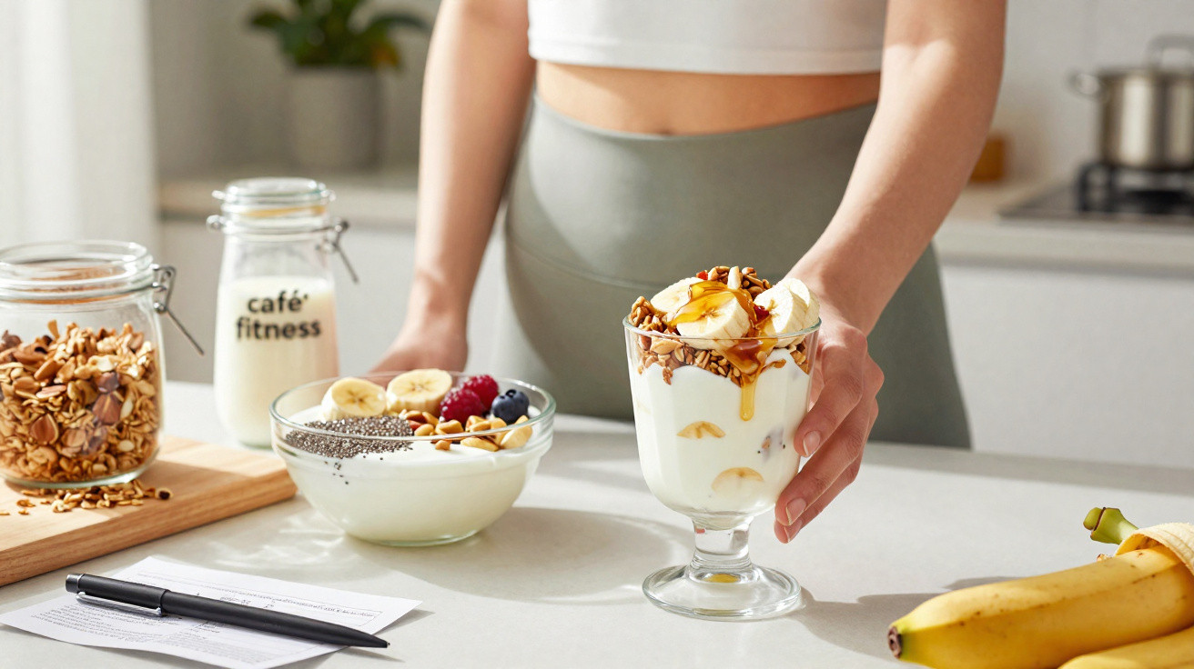 Pessoa segurando copo com iogurte, granola e banana, ao lado de tigela com frutas, pote de granola e banana na cozinha.