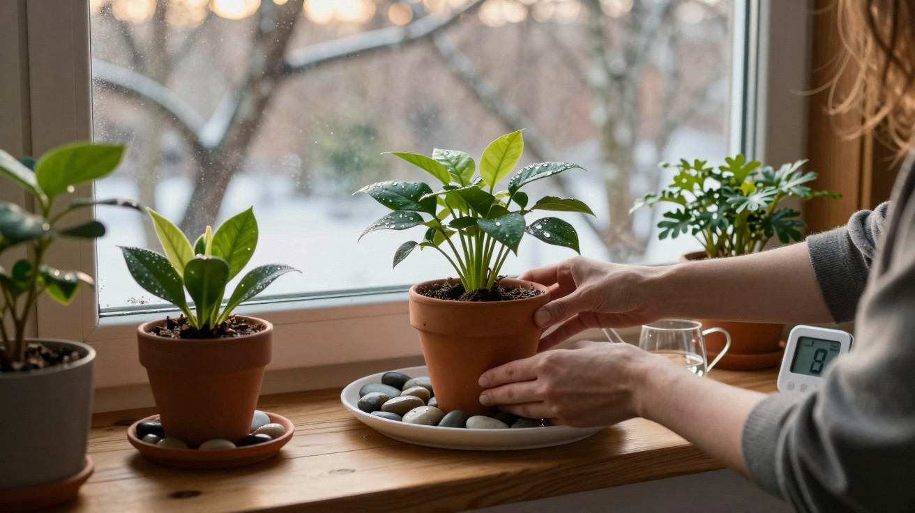 Mãos cuidando de planta em vaso de barro sobre prato com pedras, próximo a janela com outras plantas ao redor.