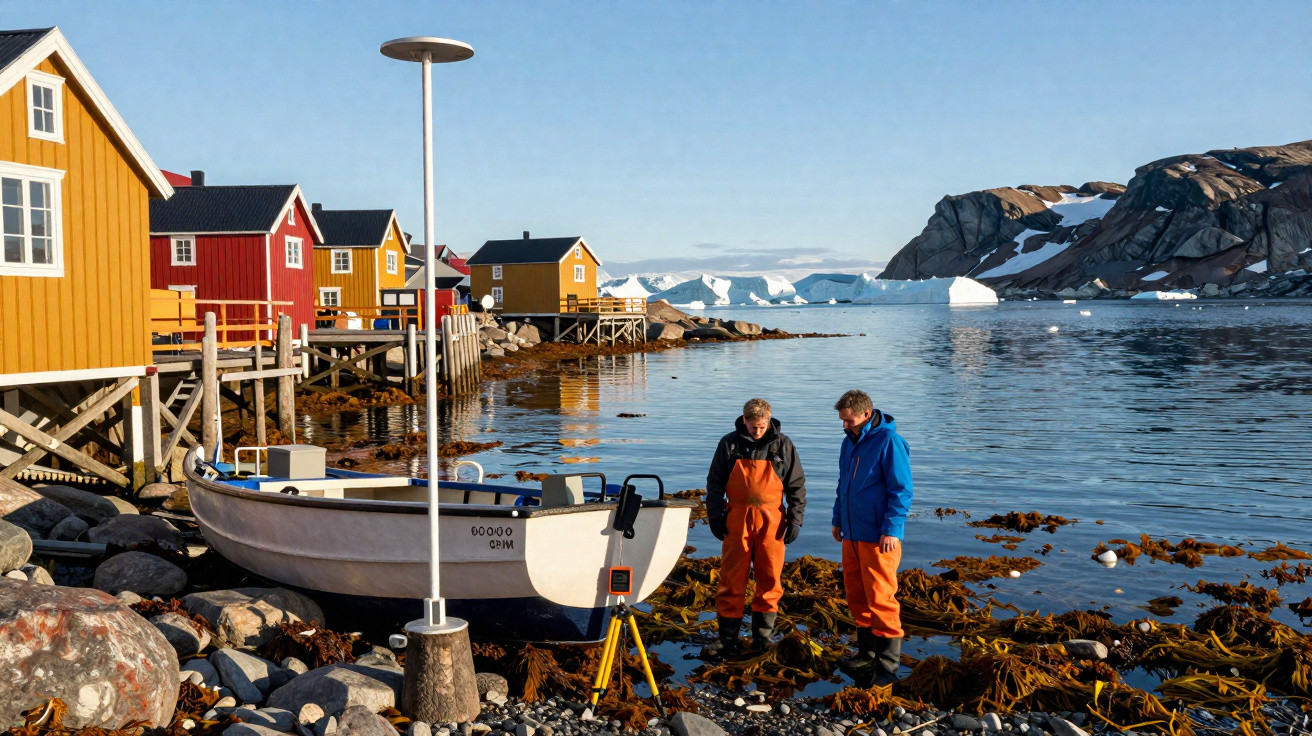 Casas coloridas junto ao mar com barco na pedra e duas pessoas com roupas de pesca e icebergues ao fundo.