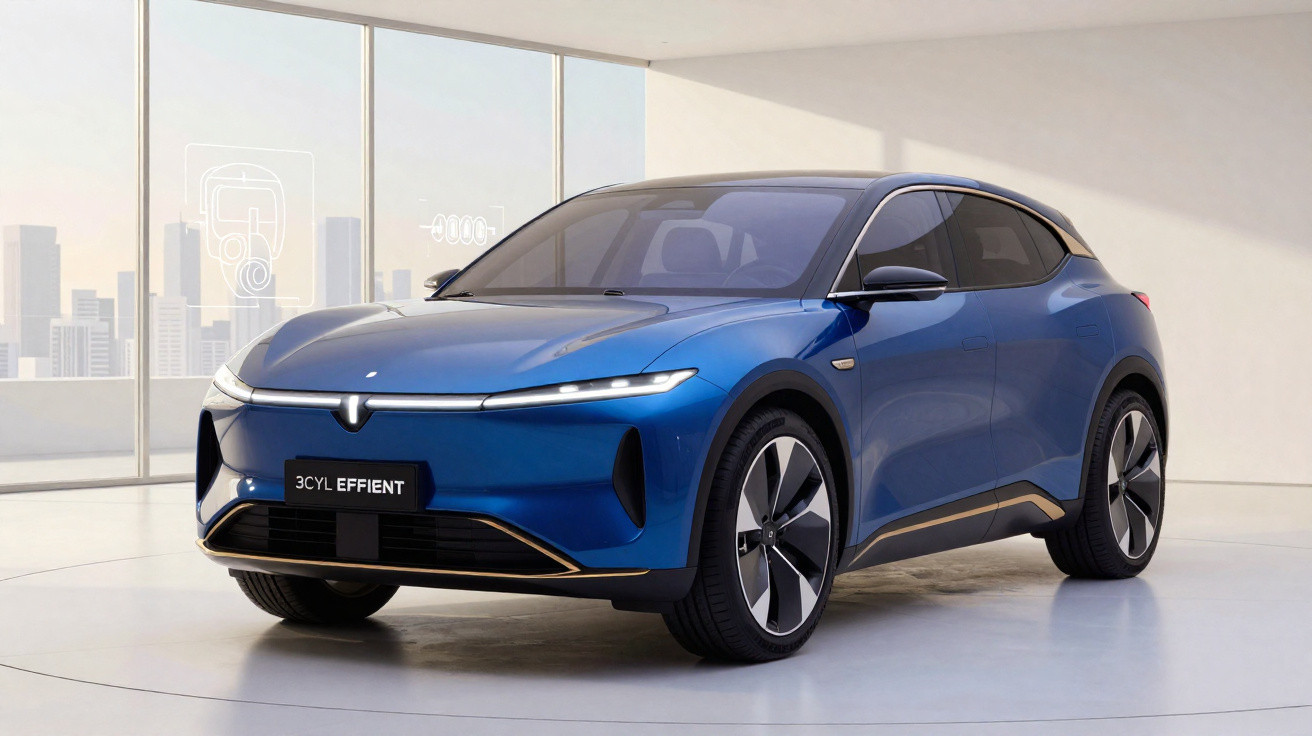 Carro elétrico azul moderno em ambiente interno com grandes janelas e vista urbana ao fundo.