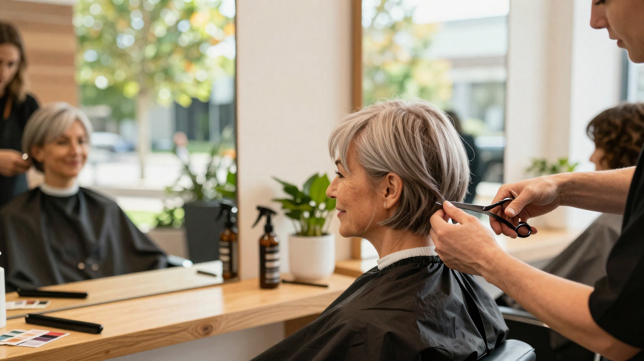 Mulher madura cortando cabelo em salão, sentada em frente ao espelho com capa preta.