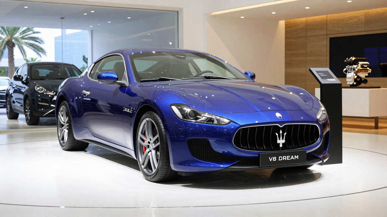 Carro esportivo azul Maserati V8 Dream exposto em showroom moderno com luz branca.