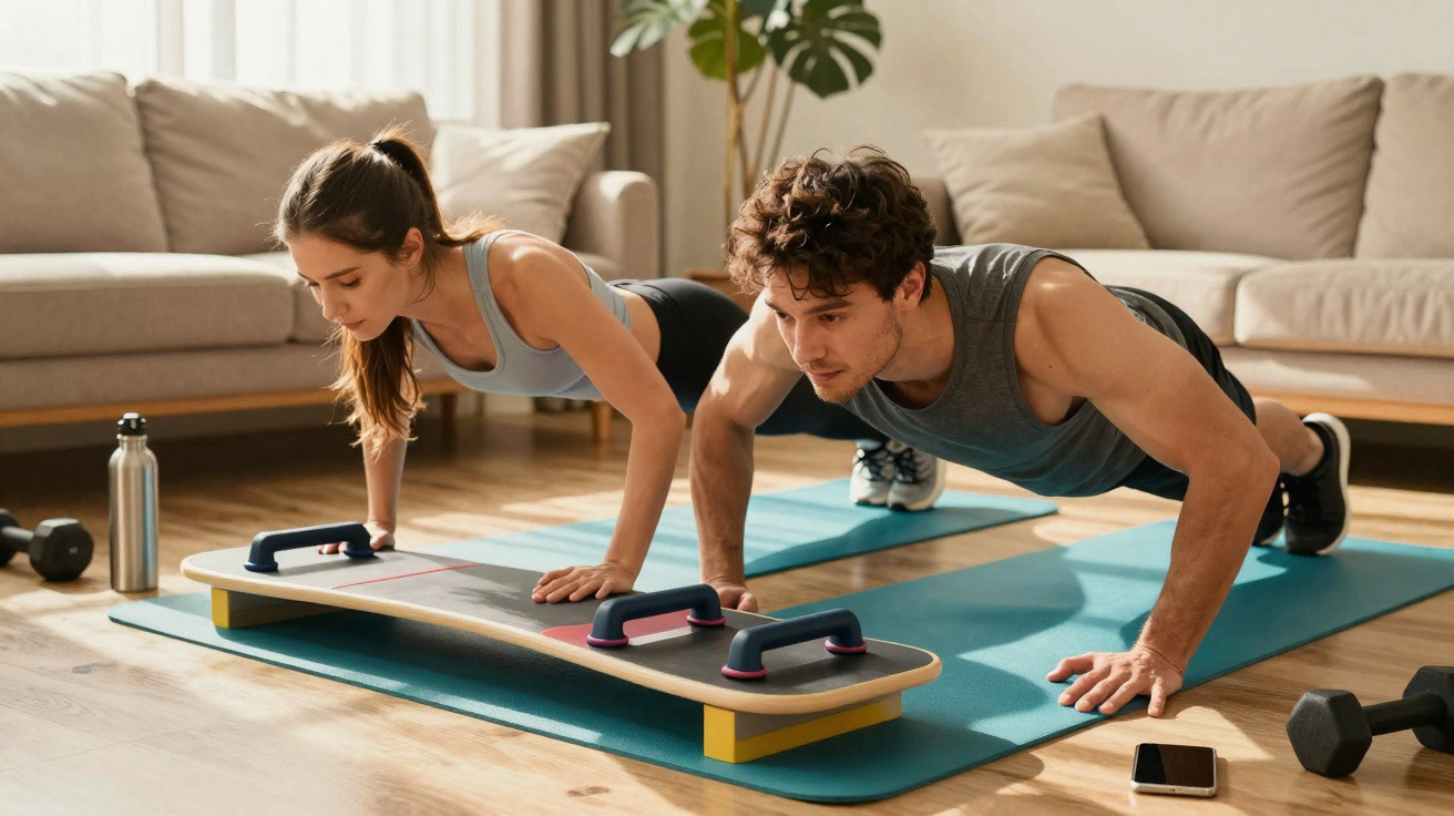 Casal fazendo flexões em tapetes de exercício na sala de estar com equipamentos de treino ao redor.