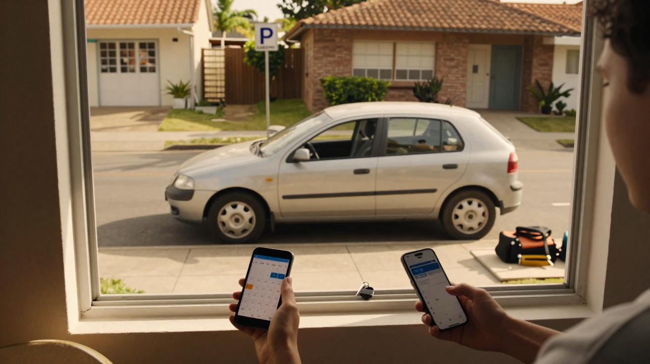 Pessoa segurando dois smartphones à janela, com carro prata estacionado na rua em frente.