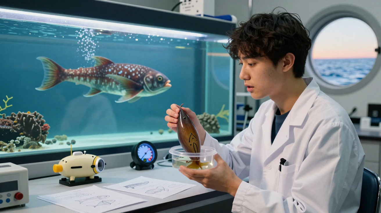 Jovem cientista em laboratório observando um robô peixe em recipiente, com aquário e janela ao fundo.