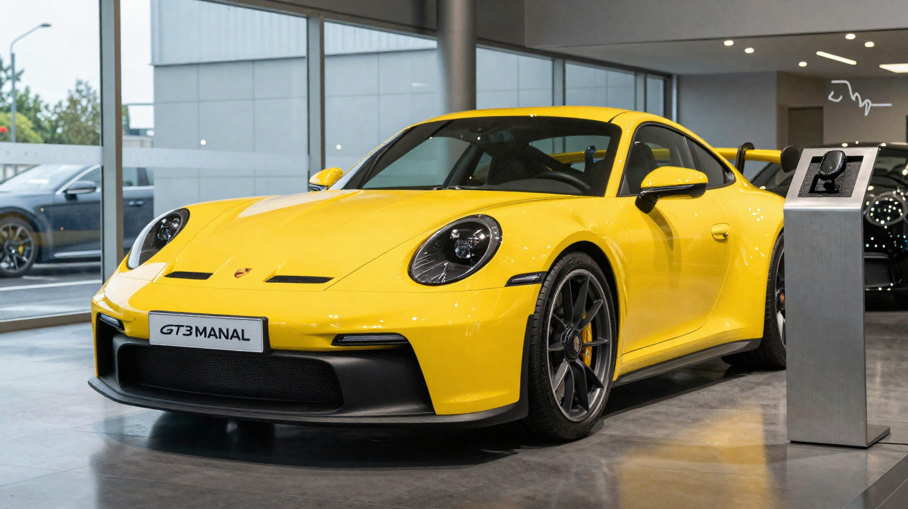 Porsche amarelo GT3 Manual em exposição dentro de showroom moderno e iluminado.