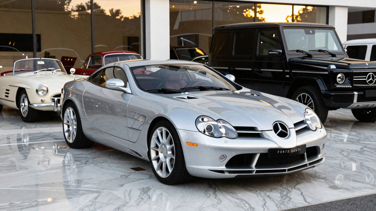 Carro esportivo prata Mercedes-Benz SLR McLaren estacionado em piso de mármore, ao lado de SUV preto e clássico branco.