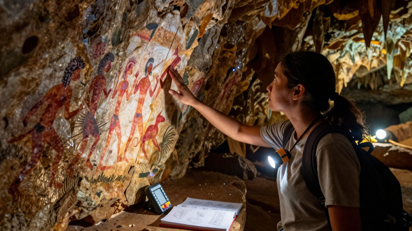Mulher examina pinturas rupestres coloridas em parede de caverna iluminada por lanternas, com caderno ao lado.