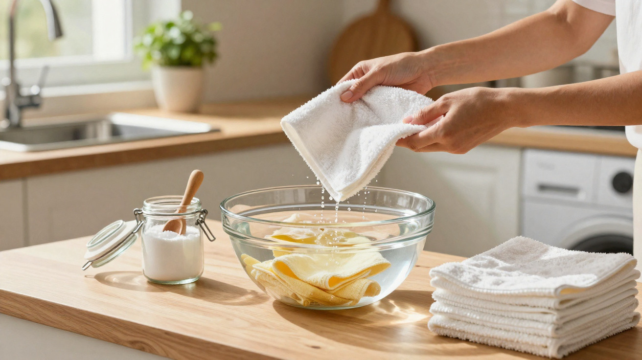 Pessoa torcendo pano branco sobre bacia com água na cozinha, com potes e panos empilhados na bancada.