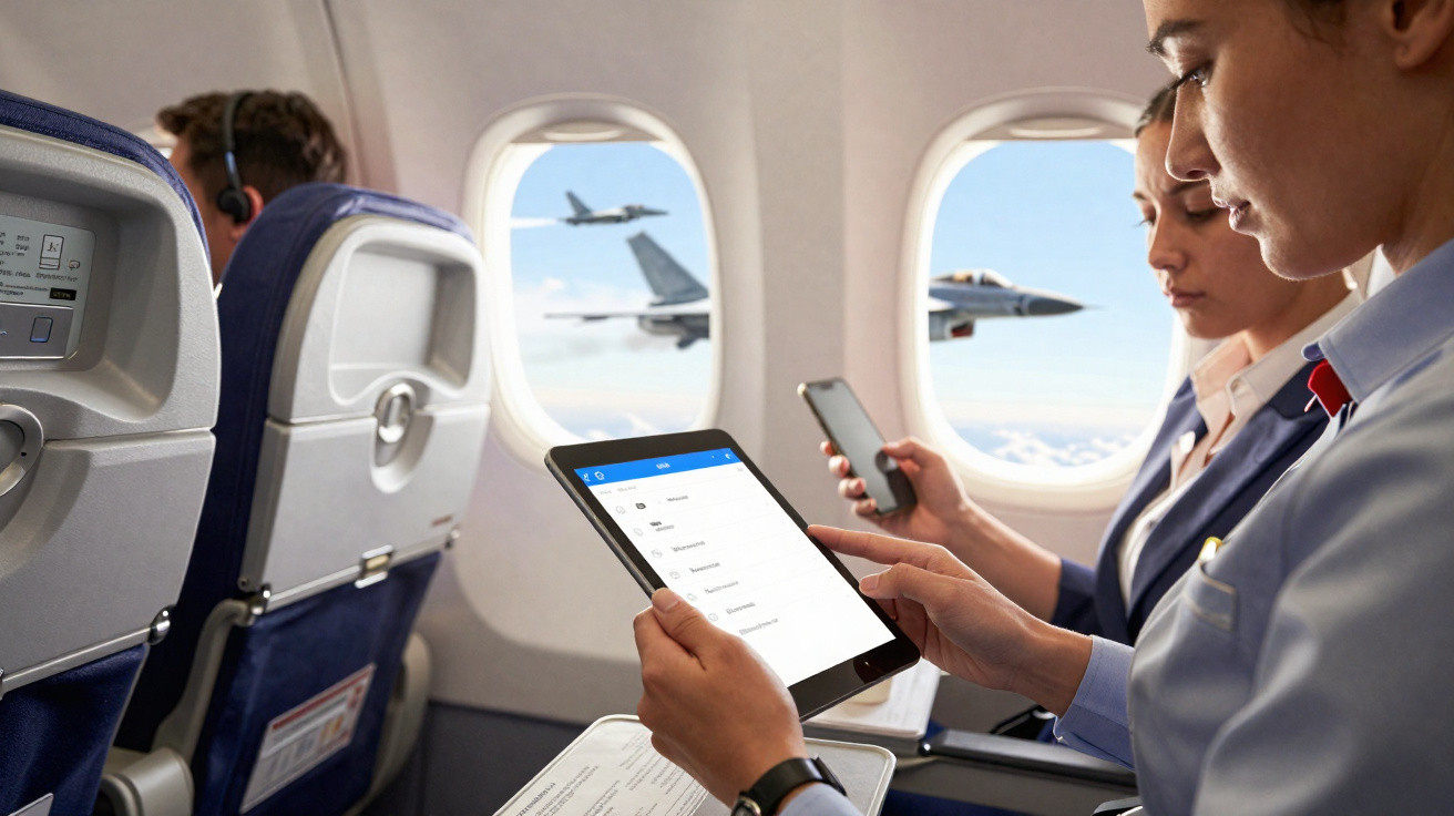 Passageiros e tripulantes em avião usando tablet e celular com jatos militares voando fora da janela.