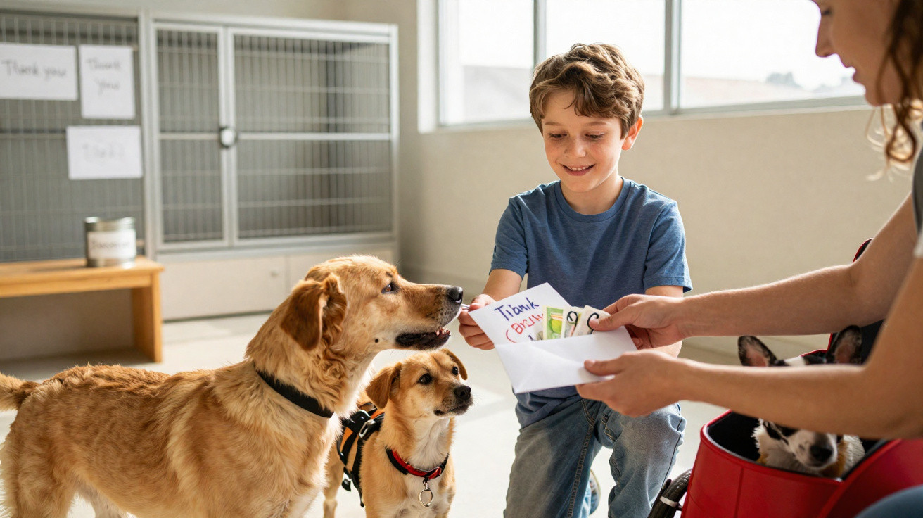 Criança entrega cartas a cães em abrigo com mulher segurando cachorro em carrinho vermelho.