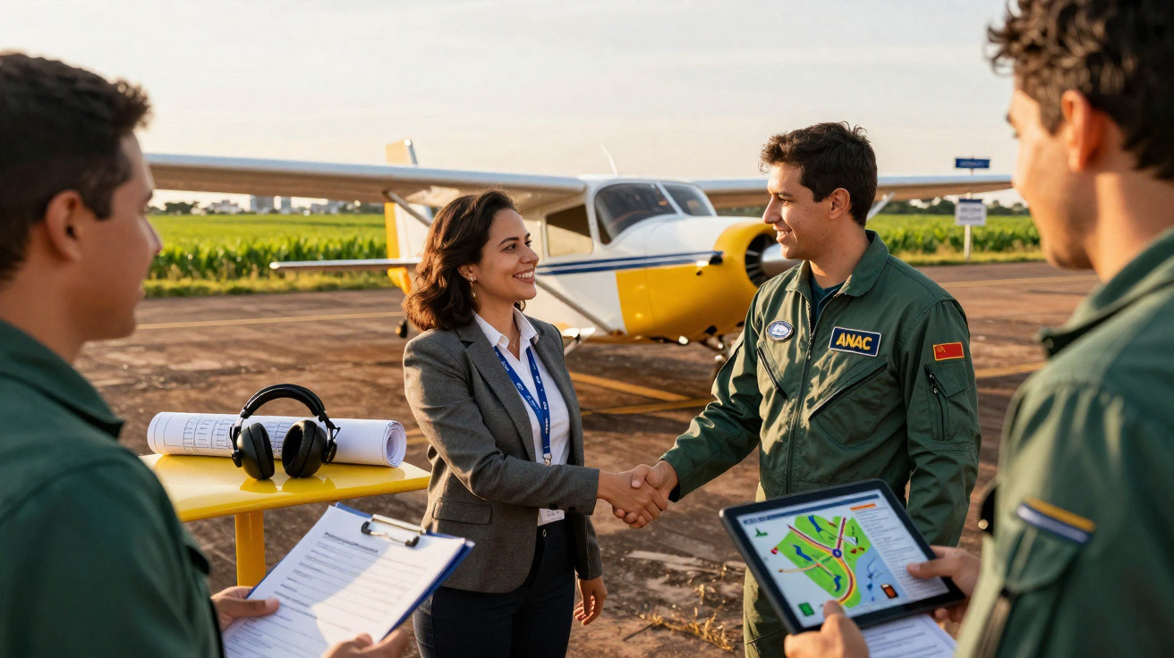 Mulher em traje formal cumprimenta piloto em uniforme verde próximo a avião pequeno no aeroporto.