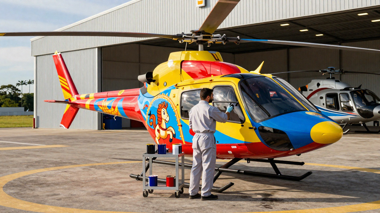 Homem pinta helicóptero colorido com desenho de cavalo em hangar de aeroporto durante o dia.